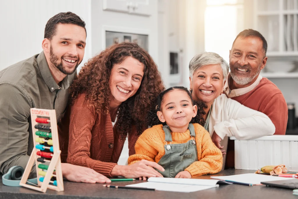 education-homework-and-portrait-of-family-with-child